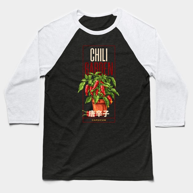 Chili garden design with a chili plant, red color, CAPSICUM, chili fruits and japanese text japanese Typography Baseball T-Shirt by OurCCDesign